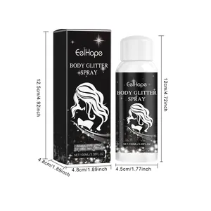 Detailed dimensions of EelHope body glitter spray with 100ml packaging box and bottle