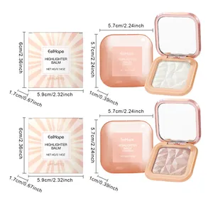 Detailed dimensions of EELHOPE highlighter balm palette shown in two radiant shades.