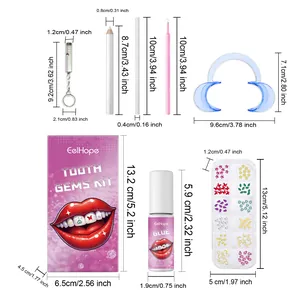 Vue détaillée du kit de bijoux dentaires avec dimensions précises pour chaque accessoire