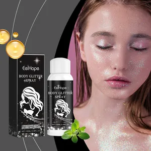 Model showing Eelhope body glitter spray effect on face and neck with product packaging.