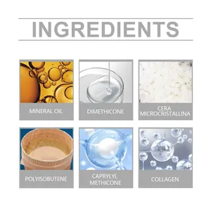 Gedetailleerde lijst van ingrediënten, waaronder collageen, voor een make-up stick.