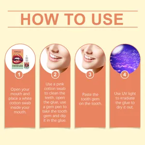 Istruzioni illustrate per l'applicazione dei gioielli per denti EelHope DIY con luce UV