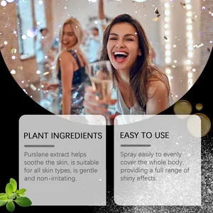 Detailed view of body glitter spray highlighting plant ingredients and usage tips.