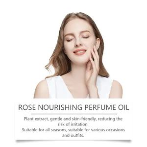Model showcasing rose nourishing perfume oil with gentle plant extracts for women