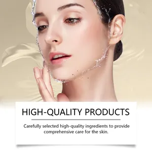 Modelo de cuidado facial con salpicaduras de agua e ingredientes hidratantes de calidad.