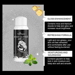Detail view of EelHope body glitter spray with nourishing formula and gloss features