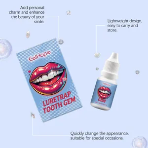 Vista detallada del kit de gemas dentali DIY con pegamento y cristales brillantes