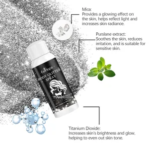 Body glitter spray detail highlighting skin radiance ingredients like mica and titanium dioxide.