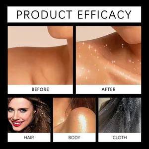 Before and after glitter spray effect on skin hair and clothes for party sparkle.