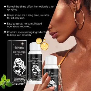 Detail view of EelHope body glitter spray showing shimmering effect on model skin.