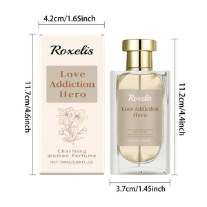 Perfume Roxelis Love Addiction Hero mujer 50ml con dimensiones de producto y caja