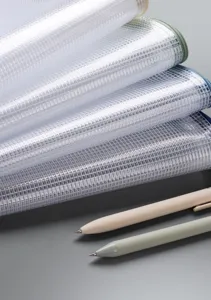 Close-up detail of A4 mesh zipper file bags with transparent texture and colorful zippers.