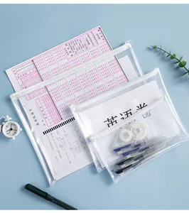 Detail view of transparent PVC mesh zipper bags for A4 and A5 exam stationery storage.