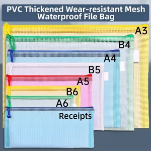 Waterproof Thickened PVC Mesh Zipper File Bags Large Capacity Transparent Document Storage Bags A3 A4 A5 B4 B5 Receipt Sizes Student Office School Supplies