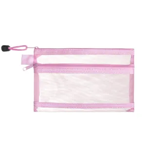 Estuche de malla de nailon rosa de doble capa para papelería y almacenamiento de archivos