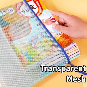 Transparent mesh A4 file bag with zipper for stationery and document storage