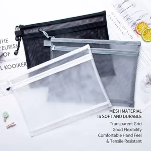 Set of A4 and A6 transparent nylon mesh document storage bags in black grey and white