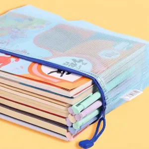 Blue A4 mesh zipper document bag with large capacity for office books and student stationery