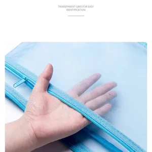 Transparent light blue nylon mesh document bag with zipper closure for A4 storage
