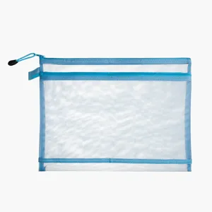 Blue transparent double-layer nylon mesh file storage bag for A4 and A6 size documents