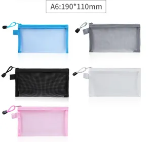 Selection of five colors A6 transparent nylon mesh zipper bags measuring 190x110mm.