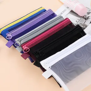 Stack of colorful mesh zipper pouches for stationery, cosmetics, and travel organization