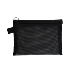 Multi-functional large capacity black mesh pencil bag for travel and stationery storage