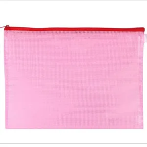 Pink A4 mesh zipper document pouch for transparent student paper and file storage bag