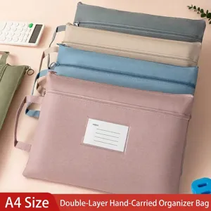 Minimalist Morandi Oxford Cloth Waterproof Document Bag Large Capacity Double Layer File Storage Pouch With Handle For Office School