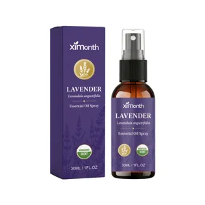 Spray de aceite esencial de lavanda XIMONTH 30ml para relajación con caja morada