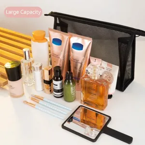 Large capacity black mesh makeup bag for travel and portable cosmetic storage pouch