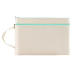A4 canvas file storage bag in cream white with mint green double zippers and handle
