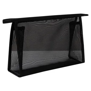 Portable large capacity black mesh cosmetic bag for travel makeup storage organization