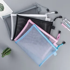 Set of multi-colored transparent nylon mesh file bags with zippers for office storage