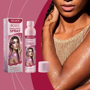 Close-up showing the shimmering finish and glitter texture of body spray on skin.