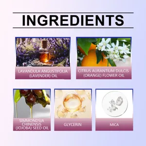 Detailed view of natural ingredients for shimmer body spray including lavender and jojoba oils.
