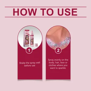 Illustrated guide showing how to use the EELHOE body and face shining glitter spray.