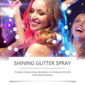 Close-up detail showing the shimmering glitter spray effect on hair and skin in a party setting