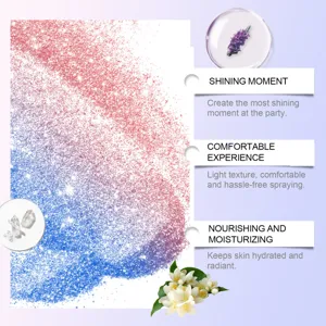 Detail view of colorful body glitter spray showing radiant finish and skin benefits