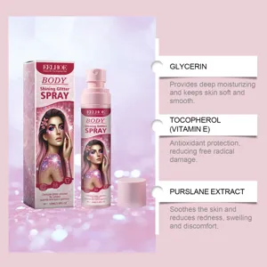 EELHOE body glitter spray ingredient detail showing glycerin, vitamin E, and purslane extract.