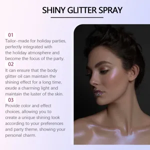 Detail view showing the intense shimmering glitter spray effect on model's skin and lips