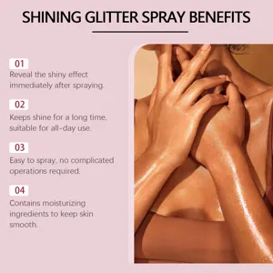 Detail view of shimmering glitter spray effect on skin with benefit descriptions