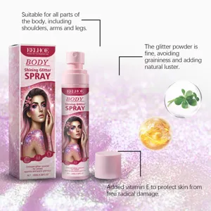 Macro view of EELHOE body shining glitter spray showing fine luster and vitamin E benefits