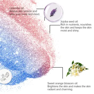 Detail showing glitter spray ingredients like lavender, jojoba, and orange blossom oil.