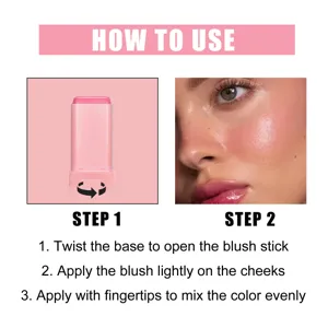 Guía visual paso a paso que muestra cómo aplicar el rubor en crema rosa multifuncional