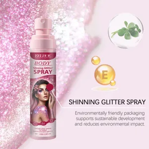 Body shining glitter spray detail showing sustainable packaging and Vitamin E benefits