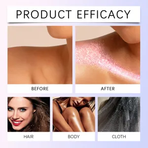 Comparison showing shimmering glitter spray effect on hair, body, and fabric