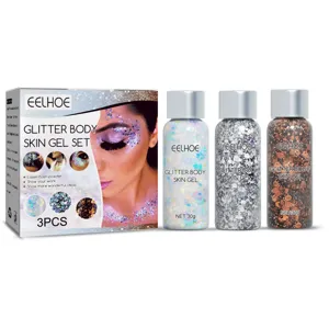 Detail view of EELHOE glitter body skin gel set including 3 sparkling colors for stage makeup