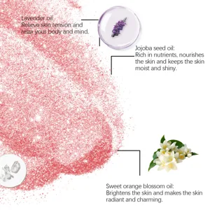 Dettaglio ingredienti spray glitter rosa con benefici dell'olio di lavanda e di jojoba