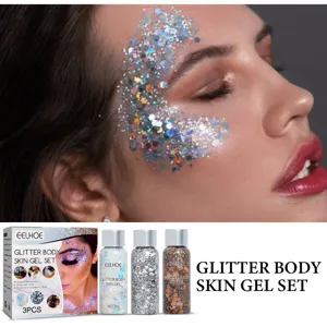Close-up of holographic glitter gel applied to face with three-piece product set view